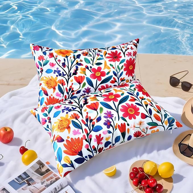 Outdoor Pillow Covers 12x20 Inch Set of 2 Floral Printed Boho Throw Pillows Cases Waterproof Square Garden Cushion Sham for Spring Summer Patio Funiture Tent Balcony Bench Sofa Couch