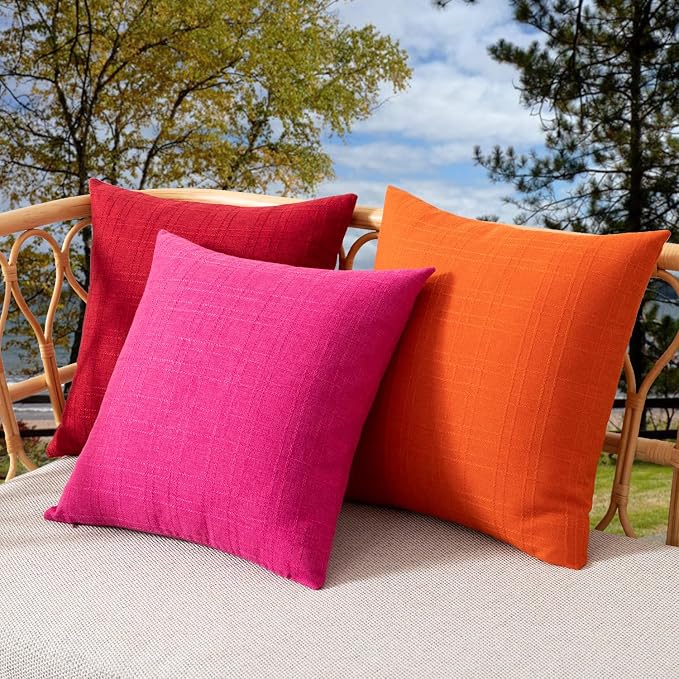 Kevin Textile Outdoor Waterproof 18”x18” Pillow Covers 2 Pack, Hot Pink | Water Resistant, Soft Faux Linen-cotton Yarn-dyed Woven Texture Throw Pillow Covers for Tent Patio Garden Couch Sofa