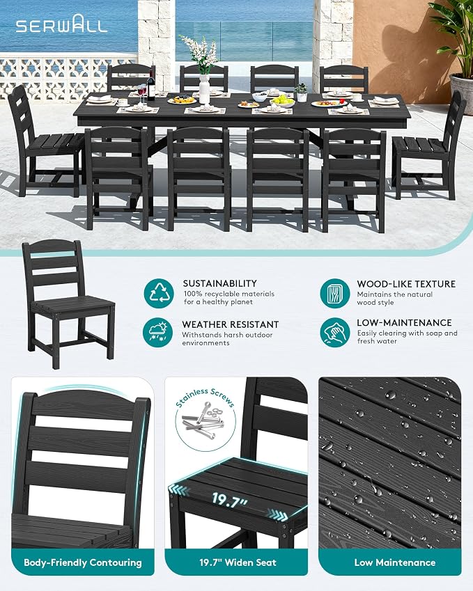 SERWALL 10 Piece Outdoor Dining Set with 15ft Triple-Head Foldable Umbrella(Based not Included), 84" HDPE Outdoor Table and Armless Chairs Set for 8, Black