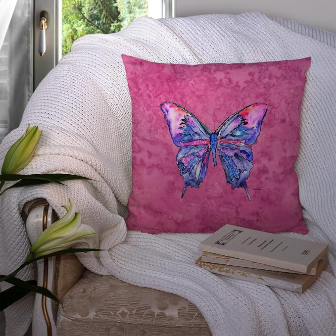 Caroline's Treasures 8859PW1414 Butterfly on Pink Fabric Decorative Pillow Machine Washable, Indoor Outdoor Decorative Pillow for Couch, Bed or Patio, 14Hx14W