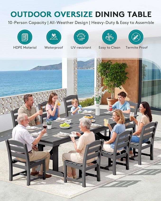 SERWALL Outdoor Armless Dining Chairs Set of 2, All-Weather HDPE Patio Chair with 19.7" Widened Seat, for Backyard, Garden, Gray