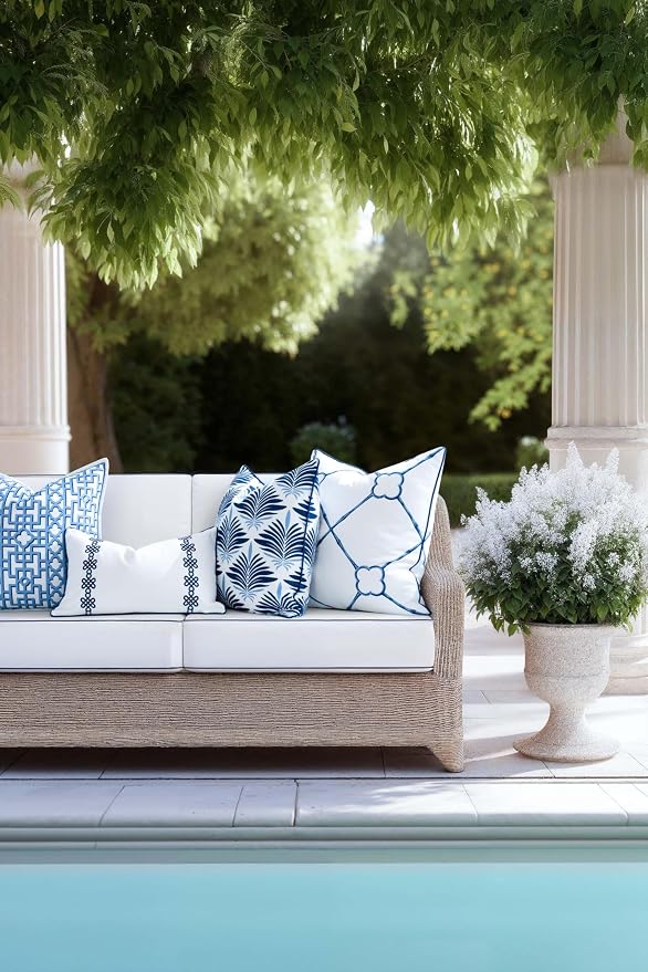 Hofdeco Premium Coastal Hampton Patio Indoor Outdoor Lumbar Pillow Cover Only, 12"x20" Water Repellent for Backyard, Couch, Poolside, Navy Blue Embroidered Chinoise Lucky Knots