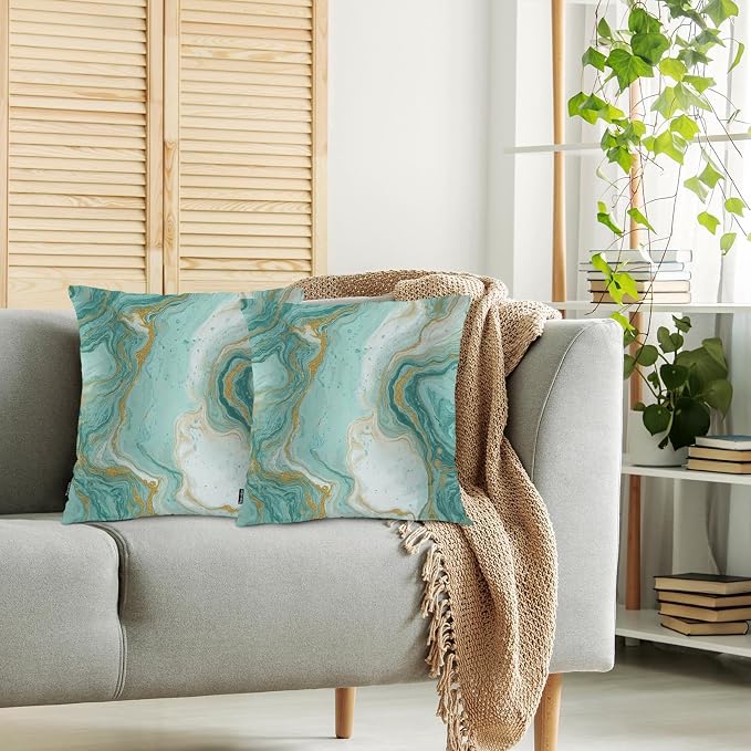 Swono Turquoise Marble Pillow Covers Cushion Covers, Abstract Ocean Marble Green Gold 18 X 18 Inch Set of 2 Throw Pillow Cover Pillowcases Home Decorative for Couch Sofa Car Bedroom, No Insert