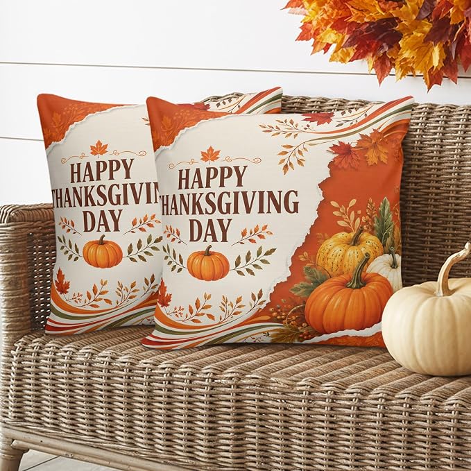 Fall Thanksgiving Waterproof Outdoor Pillow Covers 18''x18'' Set of 2, Maple Leaves Orange Pumpkins Patio Furniture Cushion Covers for Chairs, Decorative Farmhouse Pillow Cases for Garden/Pool/Beach