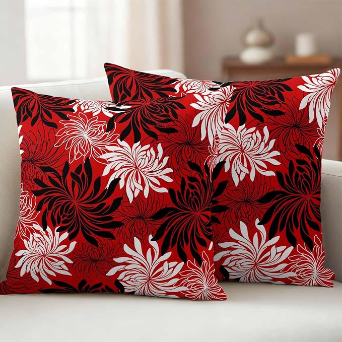Yukro Red Black Floral Outdoor Waterproof Pillow Covers Pack of 2, Vintage White Black Flower Red Decorative Throw Pillowcases Cushion Covers for Garden Patio Tent Sofa Couch, 18x18 inch
