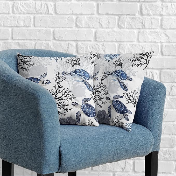 Sea Turtle Pillow Covers Nautical Coastal Throw Pillow Covers 18x18 Set of 2 Beach Ocean Themed Pillow Cases Blue Coral Branch Outdoor Cushion Cases for Living Room Bedroom Garden
