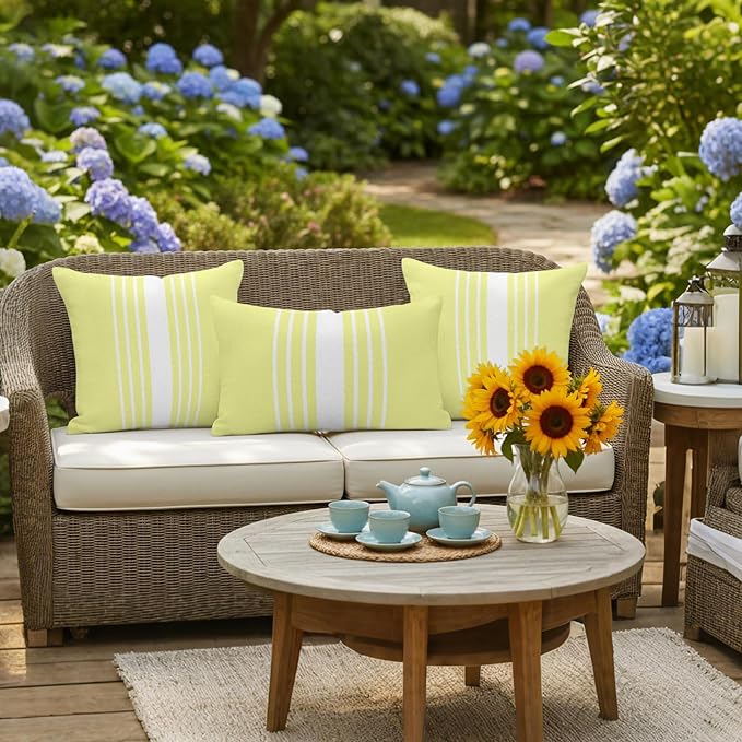Yellow White Stripe Outdoor Pillow Covers 20x12 Inch Lumbar Pillow Covers Set of 2 Waterproof Decorative Throw Pillow Cases Modern Rustic Vertical Striped Cushion Covers for Patio Furniture Garden