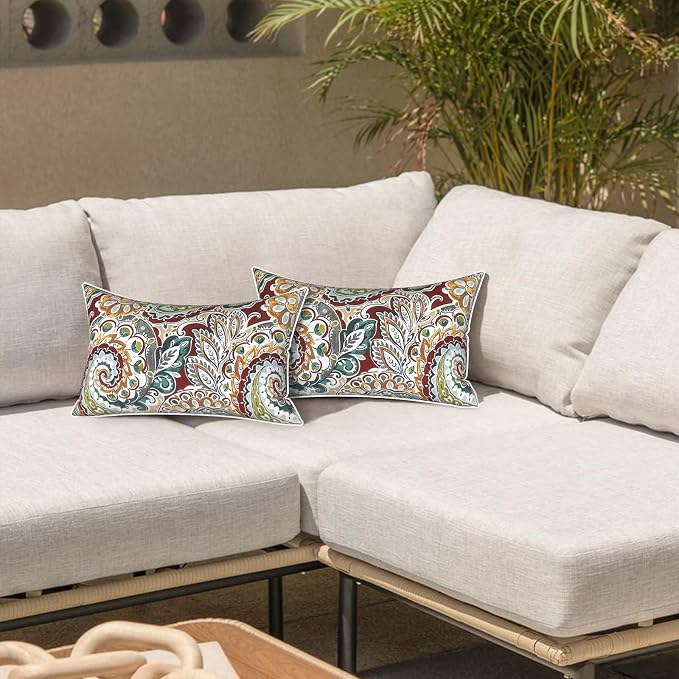 LVTXIII 2 Pack Outdoor Lumbar Pillows 12x20 Inch with White Piping, Fade Resistant Support Throw Pillows with Inserts for Patio Furniture, Sofa, Chair, Vibrant Paisley