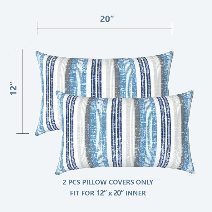 LVTXIII Outdoor Lumbar Pillow Covers Set of 2 Patio Decorative Pillow Cases, Water Repellent Lumbar Cushion Cases for Sofa, Patio Couch Garden Use, 12x20 Inch, Stripe Layered Blue
