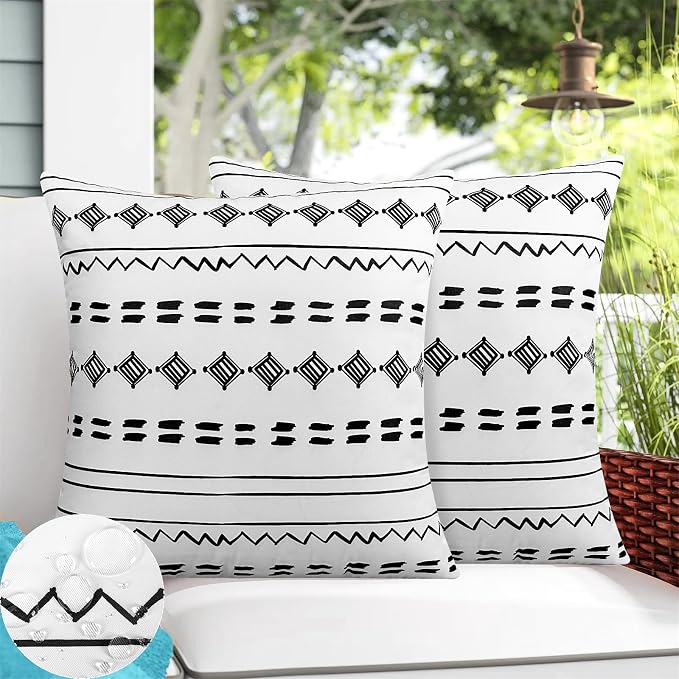 Outdoor Waterproof Pillow Covers 18x18 Set of 2 White Geometric Design | Waterproof Fabric Designed for Patio Furniture, Porch, Balcony and Garden Decor