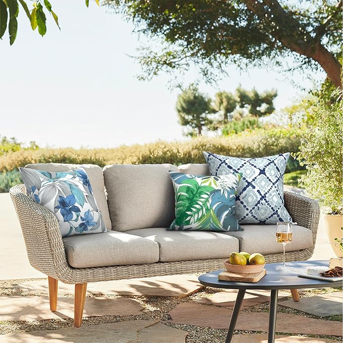 Outdoor Throw Pillows 16x16 Inch, Water Repellent Patio Pillows with Inners Set of 2 for Patio Furniture Home Garden, Islamorada Blue Green