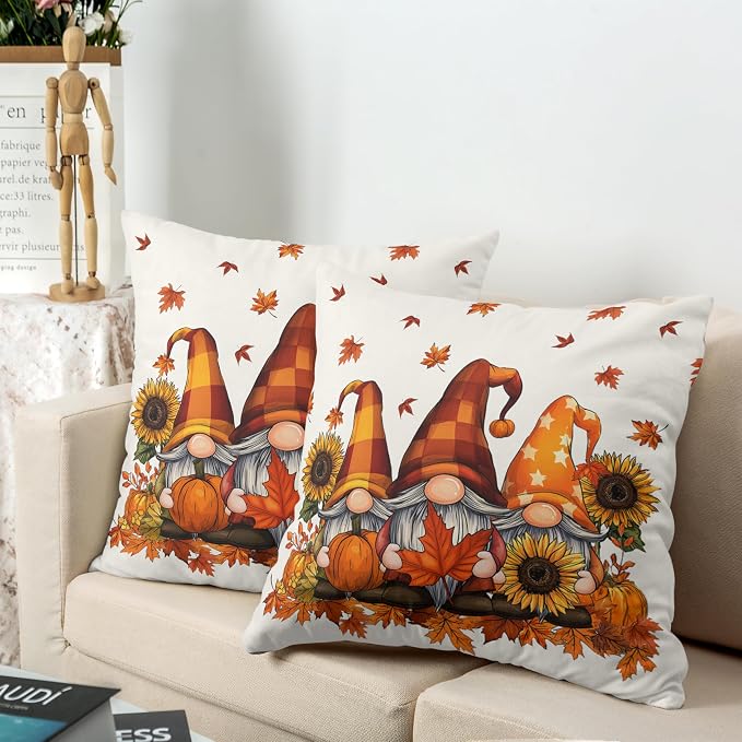Fall Gnome Pillow Covers 16x16 Set of 2 Pumpkin Sunflower Maple Leaves Throw Pillow Covers Autumn Pillow Case Thanksgiving Cushion Case for Home Decor Couch Sofa