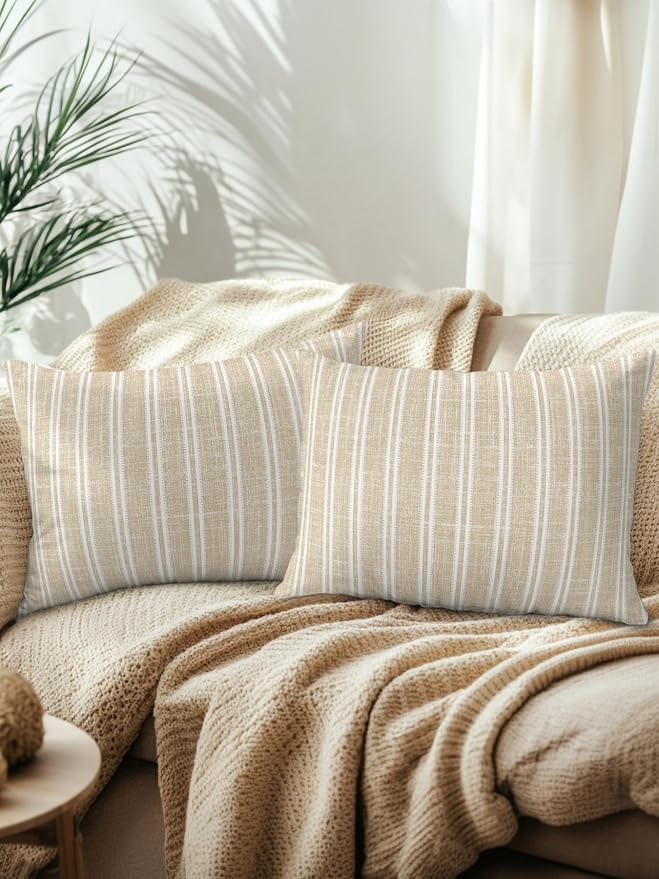 Waterproof Outdoor Pillow Set of 2 Beige Linen Striped Decorative Throw Pillows Cover & Insert 20x12 Inch Lumbar Pillowcase Vertical Stripes Lines Pillows for Couch Sofa Bed Patio Furniture