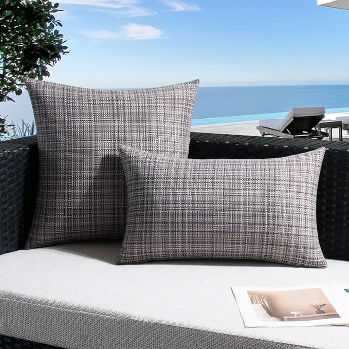 UGASA Outdoor Waterproof Throw Pillow Covers Pack of 2 Patio Water Resistant Pillow Cases Summer Woven Texture Decorative for Outside Garden Porch Yard Bench Tent 20x20 Inch, Grey
