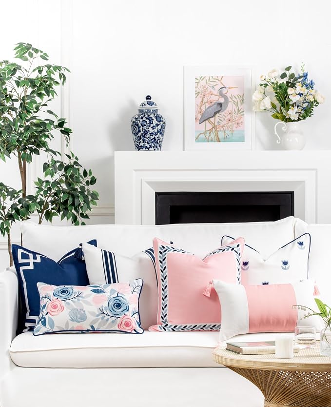 Hofdeco Premium Coastal Patio Indoor Outdoor Throw Pillow Cover Only, 20"x20" Water Repellent for Backyard, Couch, Blush Pink Embroidered Frame Leafs with Piping