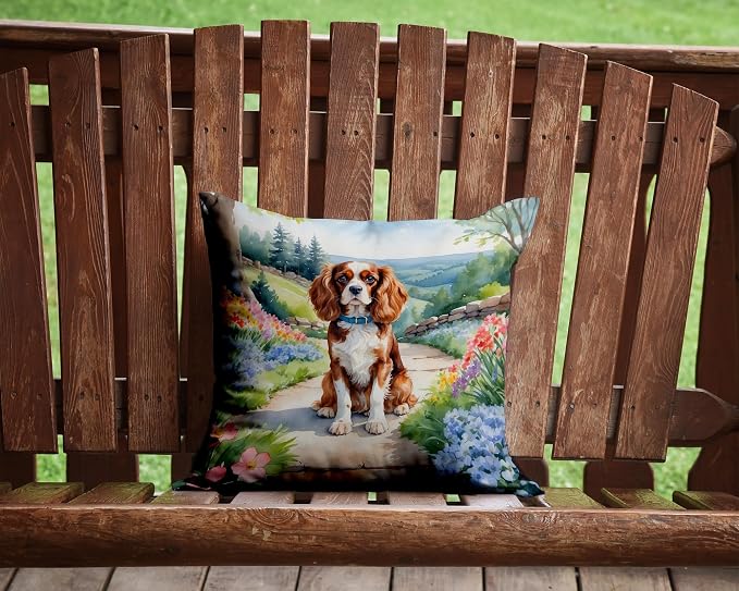 Caroline's Treasures Cavalier Spaniel Spring Path Throw Pillow Machine Washable, Indoor Outdoor Decorative Pillow for Couch, Bed or Patio, 14Hx14W