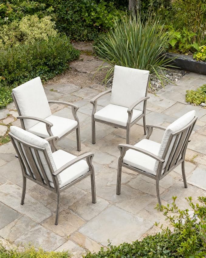 Patio Dining Chairs Set of 4, Never-Rust Aluminum Outdoor Dining Chairs with Cushion, Patio Outdoor Chair Set for Table, Patio Chair Furniture Set for Deck, Backyard, Garden, Pool, Limed Oak
