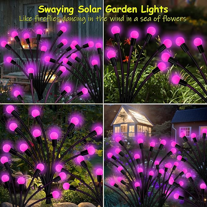 Kohlrabi Solar Garden Lights Outdoor, 4 Pack 32 LED Solar Pink Firefly Lights Waterproof, Starburst Wind Swaying Light for Outside Yard Patio Planter Flower Bed Walkway Christmas Decoration