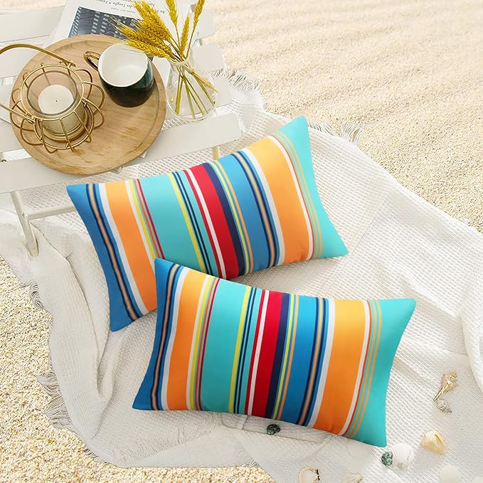 Pyonic Outdoor Lumbar Pillow Covers Set of 2 Waterproof Throw Pillow Covers Decorative Patio Pillows for Patio Tent Garden Beach,12x20 Inches,Color Stripe(Blue)