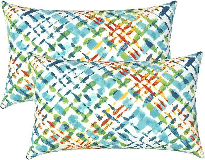 LVTXIII Outdoor Lumbar Pillow Covers, Patio Decorative Lumbar Pillow Cases ONLY, Fluffy Fade-Resistant Lumbar Cushion Cases for Home Balcony and Garden, 12x20 Inch, Pack of 2, Acapa Opal Geometric