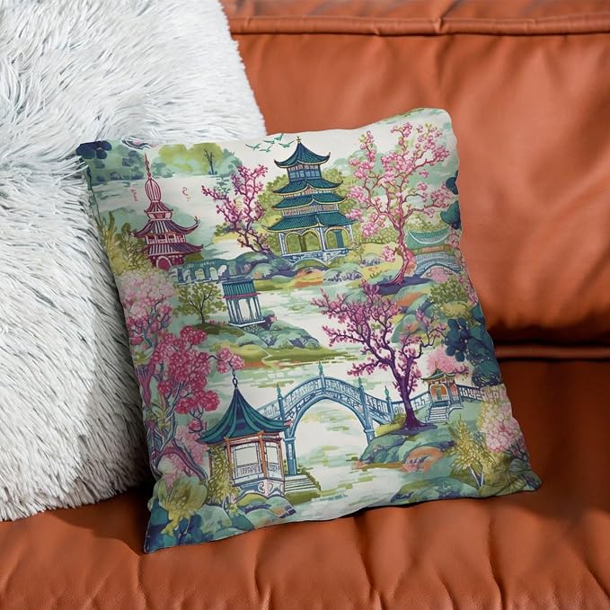 Chinoiserie Pagoda White Coral Blue Asian Pillow Cover Chinoiserie Chic Asian Pillowcase 26x26 INAbstract Accent Decorative Cushion Cases Home Decor for Patio Furniture Tent Garden