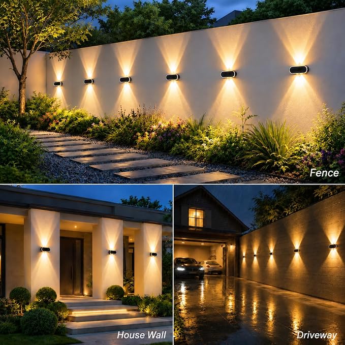 Solar Fence Lights Outdoor, IP65 Waterproof Wall Lighting with Dual Focused Brighter LED Up Down - 3000K/4000K/6000K Dusk to Dawn 12h for Backyard/Patio/Porch/Wall Decor（8 Pack）