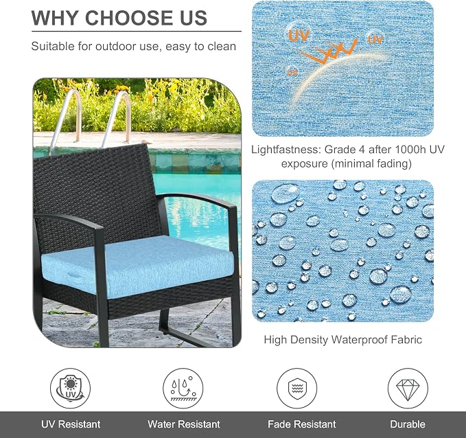 Aoodor Patio Chair Cushions Set of 4, 24 x 24 x 4 Inch Water Resistant Outdoor Seat Cushions with Handle and Ties, Square Corner Cushions for Patio Furniture Garden Lawn, Lake Blue
