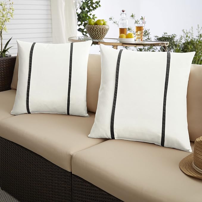 Sorra Home x Sunbrella Indoor Outdoor Square Pillows, Set of 2, 16 x 16, Canvas Natural Ivory & Canvas Black