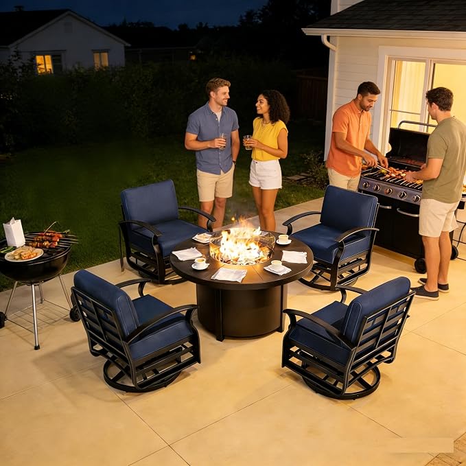 Gotland 5 Piece Patio Set, Aluminum Outdoor Swivel Chairs Set with 48’’ Round Fire Pit 5.1’’ High-Resilience Seat Cushions 29.5" Deep Seating, Metal Patio Furniture Set Patio Conversation Sets, Grey