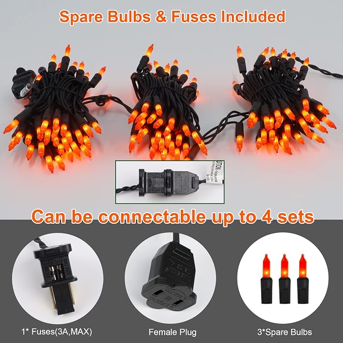 Halloween Lights, 29ft 150 Count Black Wire Incandescent Christmas Mini Lights, 120 V High-Voltage UL Certified Clear Light String Connectable, for Indoor Outdoor Patio Tree Party Home Decor, Orange