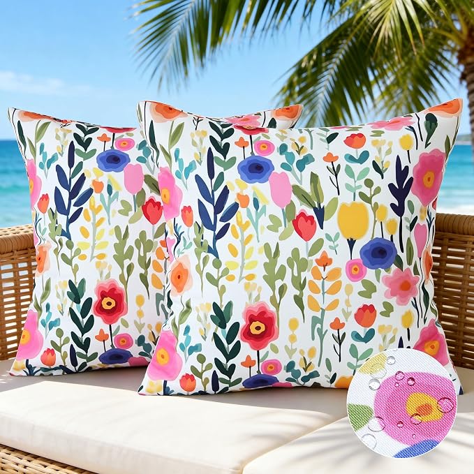 Outdoor Pillows Covers 18X18 Inch Pack of 2, Spring Floral Waterproof Throw Pillow Covers, White Printed Flower Decorative Square Pillowcases for Summer Patio Furniture Garden Balcony Porch