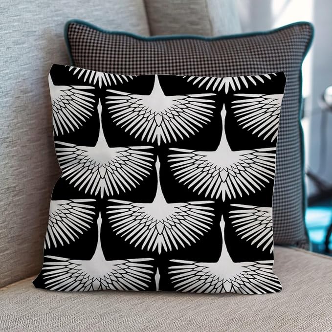 White Cranes Cushion Cases Black and White Lily Geese Flock Throw Pillow Cover Abstract Farmhouse Decor Pillow for Patio Tent Couch 16x16 in