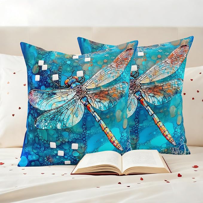 Blue Dragonfly Outdoor Pillow Covers Set of 2 Country Vintage Watercolor Dragonfly Wings Waterproof Throw Pillow Cover Decorative Cushion Cases for Patio Porch Garden 18X18 Inch