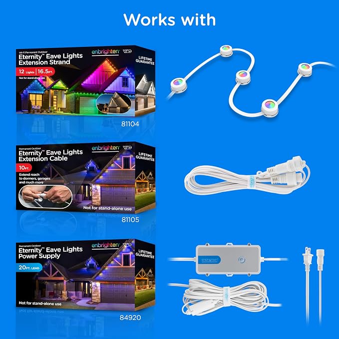 Enbrighten Eternity Permanent Outdoor Lights, 100ft, 72 Lights, Smart | White Cord, RGBWIC LEDs, Weatherproof, Cuttable, Link to 200ft, Christmas, App Control, Works with Alexa & Google Home
