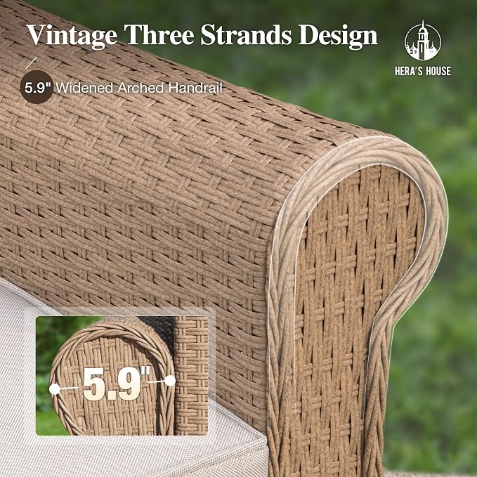 HERA'S HOUSE 7 Piece Patio Furniture Set, Outdoor Sectional Wicker Sofa with Fire Pit Table, 5.5" Thick Waterproof Cushion All Weather 5 Seats Modular Conversation Set for Garden Deck Backyard