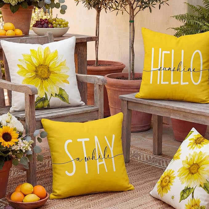 Sunflower Decor Yellow Outdoor Pillow Covers 18x18 for Patio Furniture | Summer Sunflower Decor, Waterproof, Mustard Yellow Floral, Set of 4, Farmhouse Pillow Covers, Porch, Outdoor Patio Furniture