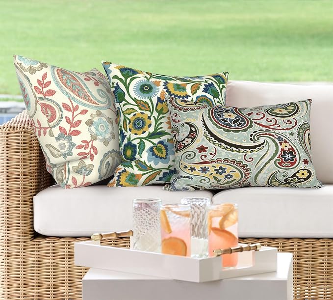 DYTXIII Pack of 2 Outdoor Waterproof Lumbar Pillow Covers ONLY, 12x20 Rectangle Decorative Double Printed Pillow Cases for Patio Couch Porch Furniture - Paisley Lightcyan