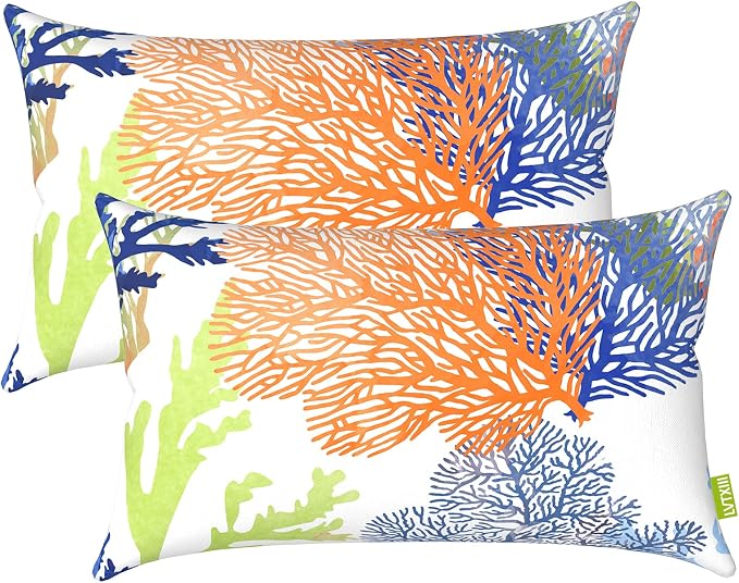 LVTXIII Outdoor/Indoor Lumbar Pillow Covers, Patio Fade Resistant Lumbar Pillow Cases ONLY, Tropical Lumbar Cushion Covers for Home and Garden Furniture Decor,12” x 20”, Pack of 2, Coral Multi