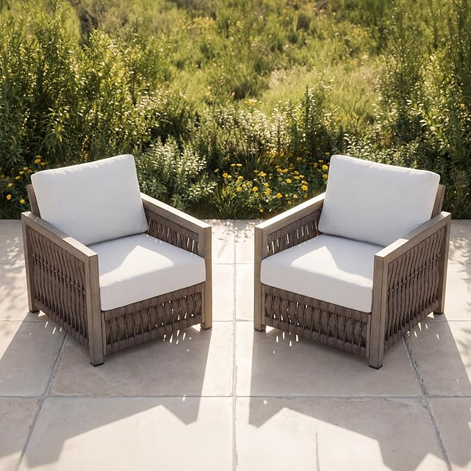 2 Pieces Patio Armchair, Rope Weave Outdoor Chair with Widened Armrests & Thick Cushions, All-Weather Aluminum Deep Seating Chair, Never Rust Patio Furniture for Garden, Porch, Deck, Gray Oak