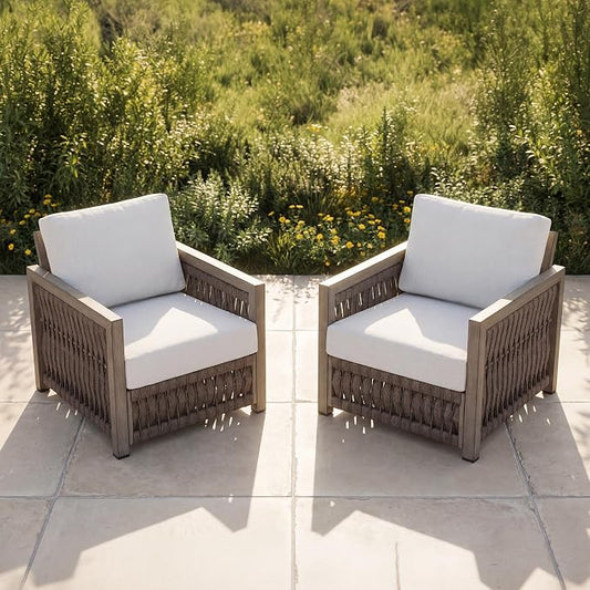 2 Pieces Patio Armchair, Rope Weave Outdoor Chair with Widened Armrests & Thick Cushions, All-Weather Aluminum Deep Seating Chair, Never Rust Patio Furniture for Garden, Porch, Deck, Gray Oak