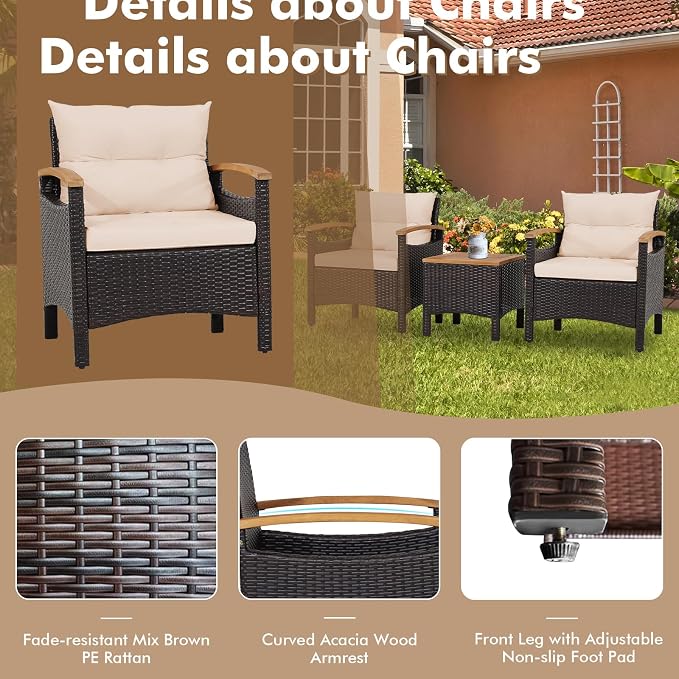 HAPPYGRILL 3 Pieces Patio Rattan Conversation Set, Outdoor PE Wicker Furniture Set with Coffee Table, Soft Seat Cushions & Throw Pillows, Acacia Wood Sofa Set for Patio Courtyard Poolside, Beige