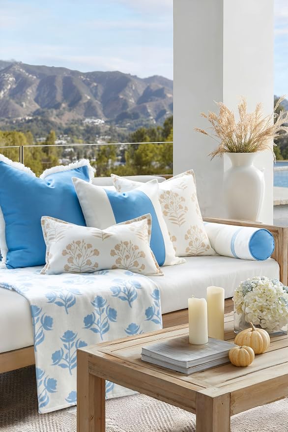 Hofdeco Premium Coastal Hampton Patio Indoor Outdoor Bolster Pillow Cover Only, 6"x20" Water Repellent for Backyard, Couch, Poolside, Azure Blue Embroidered Stripes