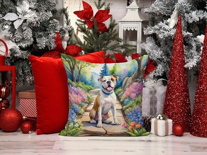Caroline's Treasures American Bulldog Spring Garden Throw Pillow Machine Washable, Indoor Outdoor Decorative Pillow for Couch, Bed or Patio, 14Hx14W