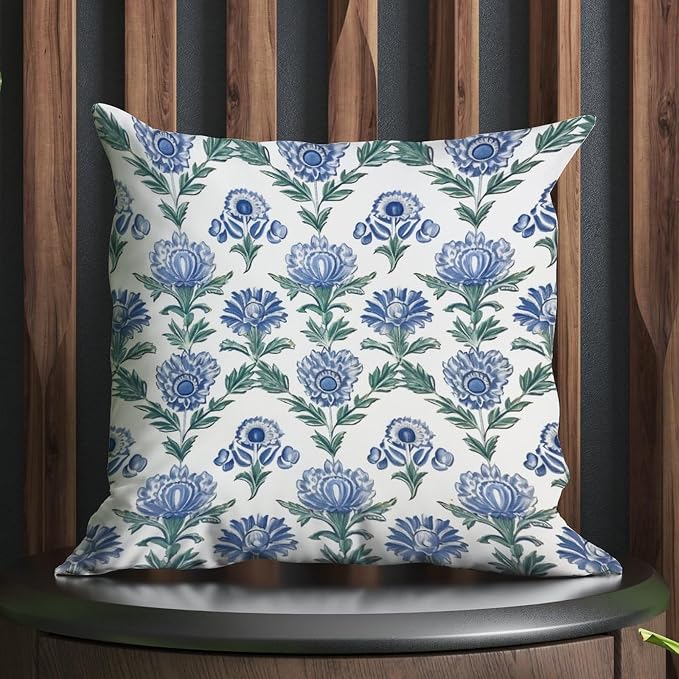 Mughal Flower Throw Pillow Covers Blue Lotus Floral Throw Pillow Cover Modern Outdoor Waterproof Decorative Pillow Cover for Patio Couch Sofa 20x20 in