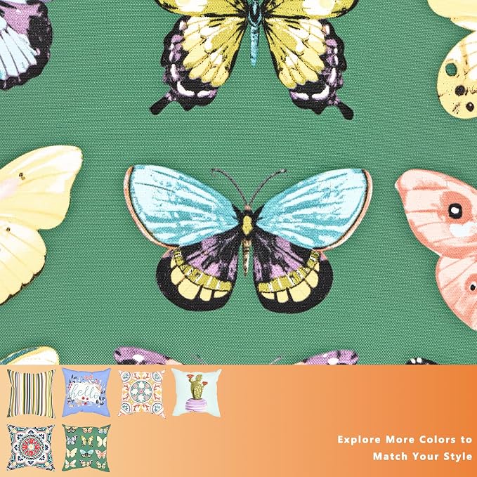 18" Outdoor Throw Pillows Set of 4, Waterproof & Fade Resistant Patio Furniture Pillows with Built-in Inserts, All-in-One Green Butterfly Print Design for Sofa, Patio or Backyard Relaxation