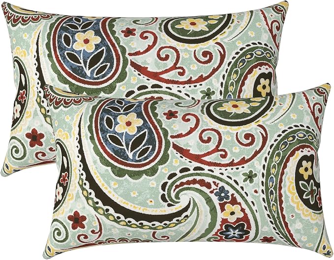 LVTLVTXIII 12×20 Inch Outdoor Lumbar Pillows, Pack of 2 Water Repellent Lumbar Pillow with Inserts, Fluffy Decorative Garden Lumbar Cushions for Home Patio Coach Sofa Use, Paisley Lightcyan