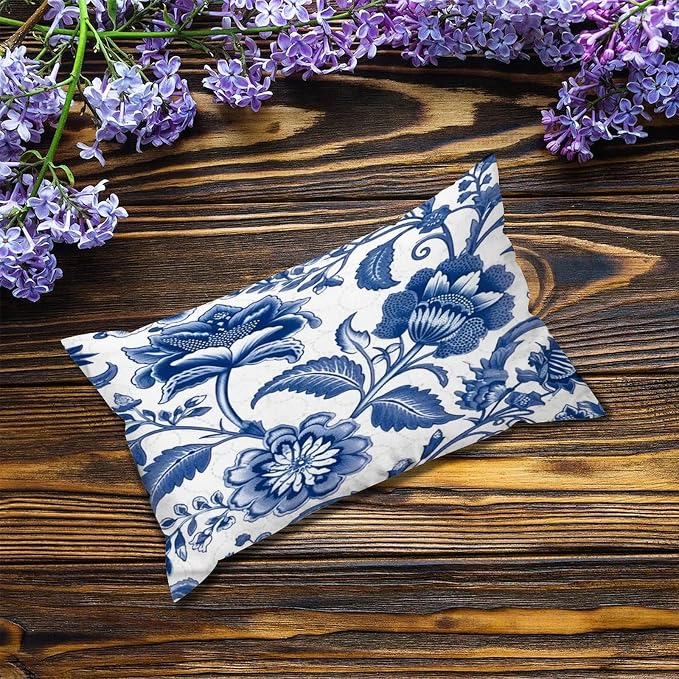 Set of 2 Blue and Ivory Indigo Floral Cushion Cover Case with Zipper 12x20in Canvas Pillow Cover Rectangle Pillow Case for Couch Bed Car Pub Coffee Bar Living Room Decoration