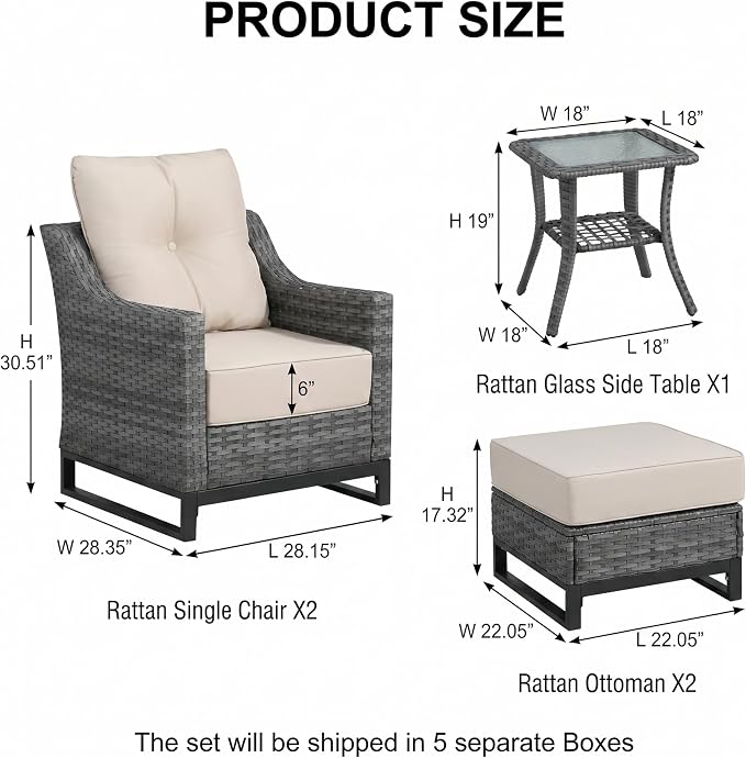 5 Pieces Patio Furniture Set, PE Rattan Patio Set with Soft Cushions & Side Table,All Weather Outside Furniture with Ottoman for Porch, Garden, Backyard