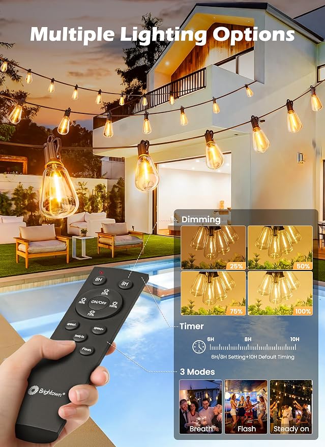 Brightown 108FT Solar String Lights Outdoor, 50+2 Shatterproof LED Lights | Waterproof, Remote Control, Dimmable, Timer, 3 Light Modes, Commercial Grade Patio Lights for Garden, Backyard, Party Decor