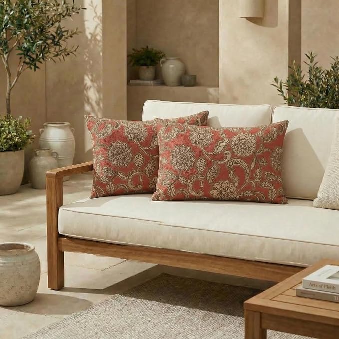 RSH DECOR: Outdura Lumbar Throw Pillows Set of 2 | 20" x 12" | Water and Fade-Resistant Performance Fabric | Outdoor Pillow Covers with Down-Alternative Inserts | Made in USA (Veranda Crimson)